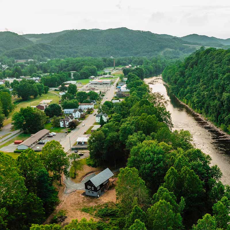 Arial view of the Black Fork of the Cheat River in Parsons, West Virginia.